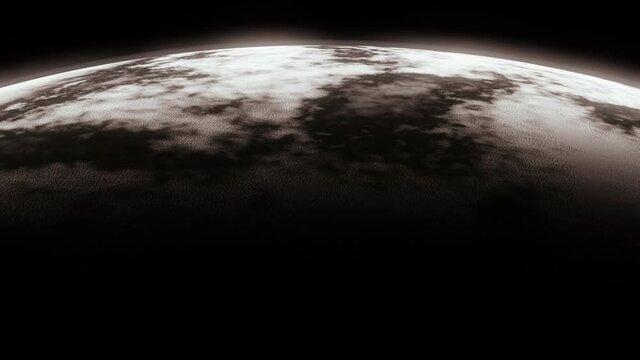 Animated close up or fly above planet with oceans and continents like features after dust storm or in dying stage after some acopalypsy. With thin atmosphere and Illuminated partially from side.