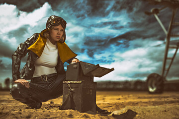 Beautiful young female pilot in front of a vintage airplane, trying to communicate with a morse...