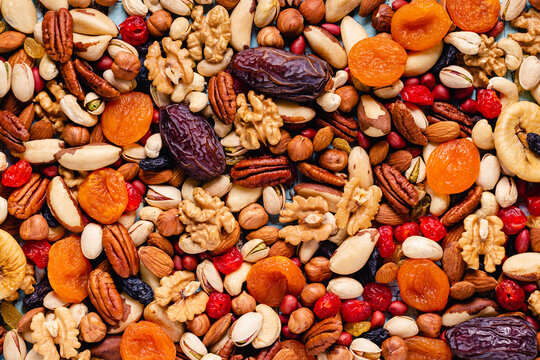 Background from various nuts and dried fruits