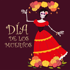 day of the dead, catrina with red dress and flowers decoration, mexican celebration