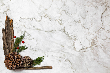 Christmas image/background.Pinophyta, brown pinecone with tree leaves, gift and red fruits on white marble.