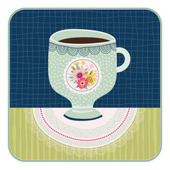 Illustration with a tea cup. Template for card or print