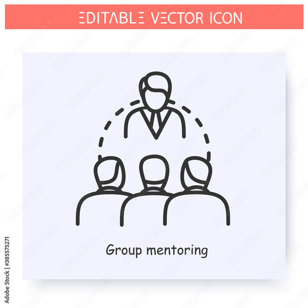 Poster group mentoring line icon.mentor with a training group.training course, workshop.guidance consulting