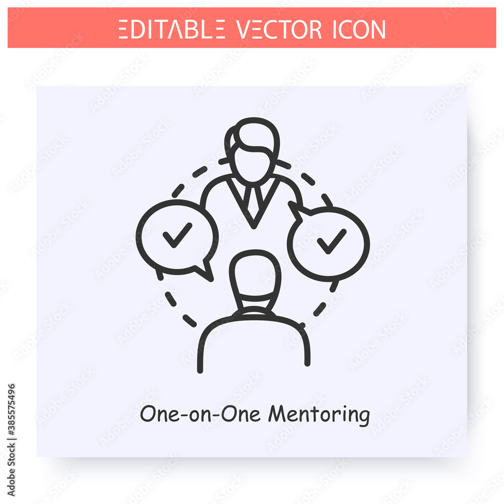 Poster one on one mentoring line icon.mentor shares experience to mentee.individual training.job interview.