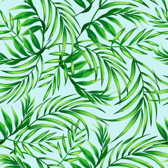Obraz na płótnie Canvas Green tropical palm leaves seamless vector pattern on the black background.Trendy summer print.