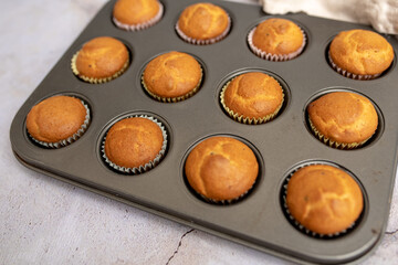 Mini muffins in paper cupcake holder and baking tray