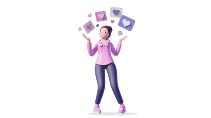 Illustration of 3d woman with social media hearts on white background