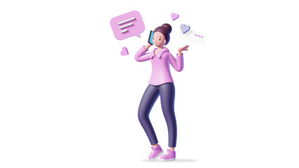 Illustration of 3d girl talking a smart phone and speech bubble on white background