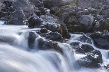 Mountain river, waterfall in the volcanoes national park of Kamchatka