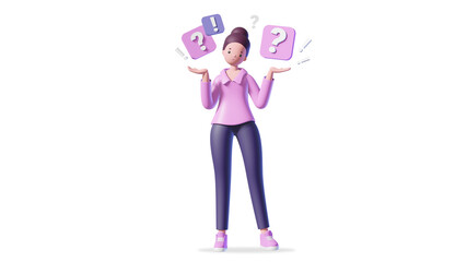 Illustration of 3d woman with question and exclamation marks on white background