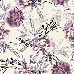 Watercolor Peonies Seamless Pattern. Hand Painted Background.