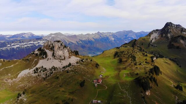 Popularf tourist hotspot in the Swiss Alps called Schynige Platte mountain - aerial view