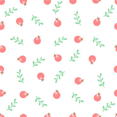Winter pattern with green leaves and red berries. Seamless background, pastel colors of nature on white. Plant elements ornament. Vector illustration, wrapping paper, printing wallpapers, textiles.