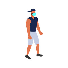 Muscular man in a cap wearing a protective mask.
