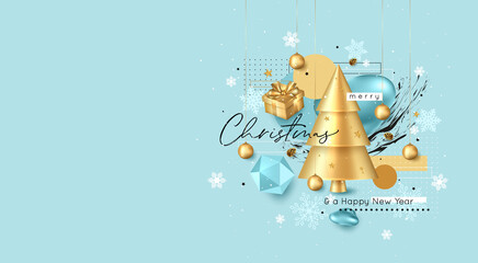 Merry Christmas and Happy New Year greeting card template. Vector illustration.