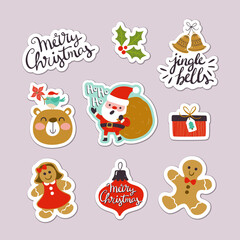 Collection of Christmas stickers with cute letterings, character designs and elements. Eps10 vector illustration.