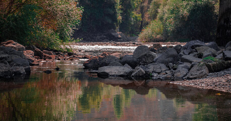 Reflected of rocks and trees on the river in autumn.