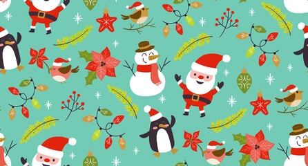 Christmas seamless pattern with cute christmas characters and plants. Turquoise background. EPS 10 vector illustration.