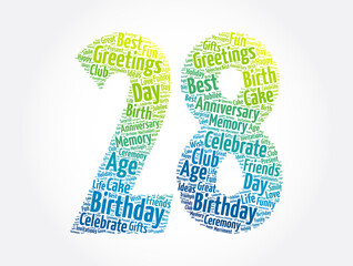 Happy 28th birthday word cloud, holiday concept background
