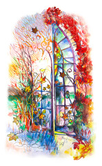 Autumn.Doors to the garden. Trees and bright leaves. Abstract graphics. Colorful, bright watercolor drawing.For your interior or text.Blank for postcards and autumn holidays.Watercolor drawing of autu