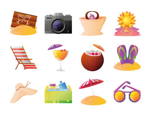 summer vacation travel, collection icons suitcase sandals umbrela sunglasses and more detailed style