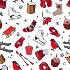 Winter seamless pattern. White background, isolate. Design for packaging, wrapping paper, fabric, textile.