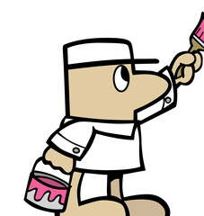 Isolated cute painter character painting a wall. Cartoon style vector illustration.