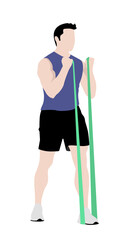 Isolated fitness muscled man standing and exercising biceps, arms with an elastic. Gym. Flat style vector illustration.