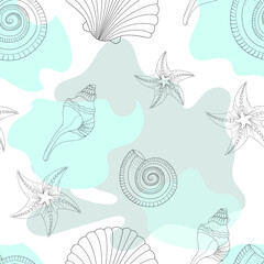 Fototapeta na wymiar Childrens texture. Sea shells and stains. Starfish. Patterned in shades of turquoise colors. Seamless vector pattern.