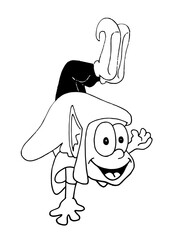Cute funny elf character standing on one hand with his legs up, acrobatics. Cartoon style sketch black and white vector illustration.