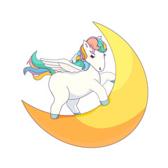 Cute Cartoon Pegasus on the Moon on white isolated background, vector illustration, concept of Greek culture and Mythology, Magical Animals and Cartoon Wildlife, Fairytales and Fiction Worlds.