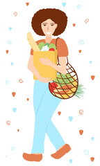 Fototapeta premium Young smiling woman holding paper and mesh net bag with natural daily products. Cartoon flat style person carrying package with fruit, bread. Zero waste, eco friendly concept, environnement protection