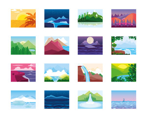 landscape nature icons of mountains, ocean, river, tropical and forest