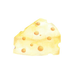 Watercolor and color pencils hand drawn hiece of cheese. Yellow triangle shaped slab of cheese with round holes on white background.