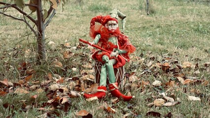 doll on the grass autumn leaves