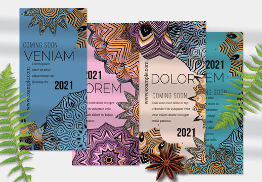 Flyer Layout with Geometric Shapes and Abstract Bright Artistic Brush Strokes