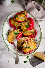 Bell peppers stuffed with polenta. selective focus
