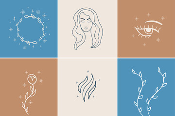 Vector abstract logo and branding design templates in trendy linear minimal style, emblem for beauty studio and cosmetics - female portrait, beautiful woman's face - badge for make up artist, fashion