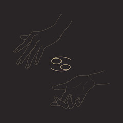 Cancer zodiac glyph and magic hands. Vintage astrological symbols isolated on black. Gesture and zodiac sign. Vector illustration in outline style. Design element for logotype, icon, tattoo, clipart.
