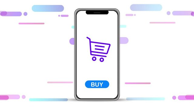 Buy Online Animation 4K Abstract Mobile Screen Animation with button and cart icon. Online marketing and ecommerce concept
