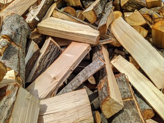 Preparation of firewood for the winter. Firewood background. Stacks of firewood in the forest. Pile of firewood.