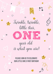 Twinkle, Twinkle, Little Star, Girl's First Birthday One Year Party Printable Invitation Vector Card