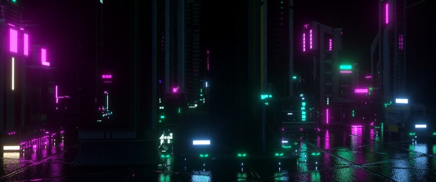 Cyberpunk city street with reflecting neon lights. Night city scene. Neon urban future. Photorealistic 3D illustration. Futuristic wallpaper.