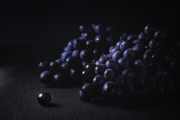 A bunch of dark grapes on a black background horizontal with copy space