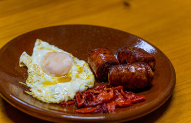 Fried eggs with chorizo and grilled red peppers