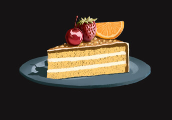 Piece of cake isolated on black background cg painting illustration