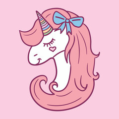 Cute colorful unicorn. Vector cartoon character. Isolated on pink background. Cute unicorn horse.