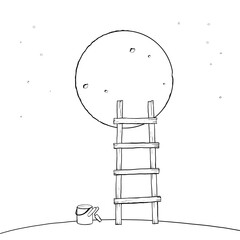 Hand drawing of the moon with stairs and paint for children's room design, poster, card, black and white