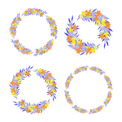 Floral wreaths isolated. Set of blooming wreaths with yellow flowers and blue leaves. Design element with flowers for social media content, greeting card, banners, frames. Vector illustration.