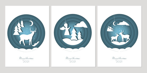 Set Merry Christmas greeting card. Trendy paper cut Winter Holidays art templates.	